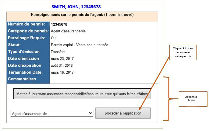 Capture d’écran de la page de renseignements détaillés sur l’agent dont le permis est renouvelable