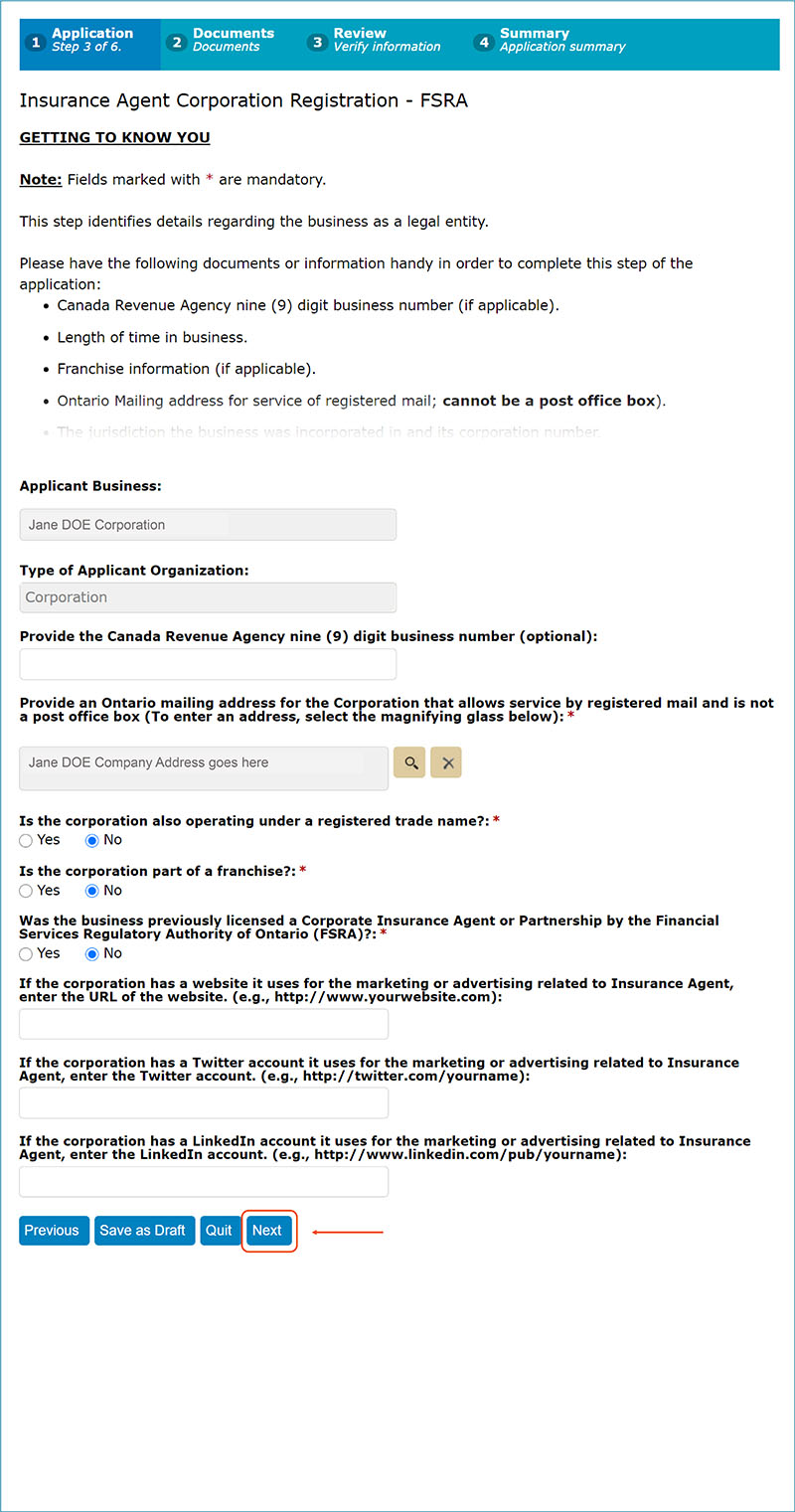 Specifying details regarding the business as a legal entity