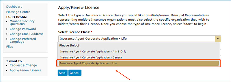 Select the type of insurance Licence to initiate/renew