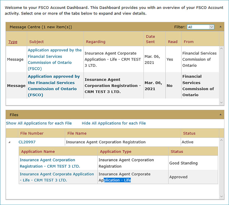 FSCO Dashboard - Expanded View