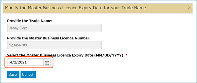 Update the expiry date of your Master Business Licence