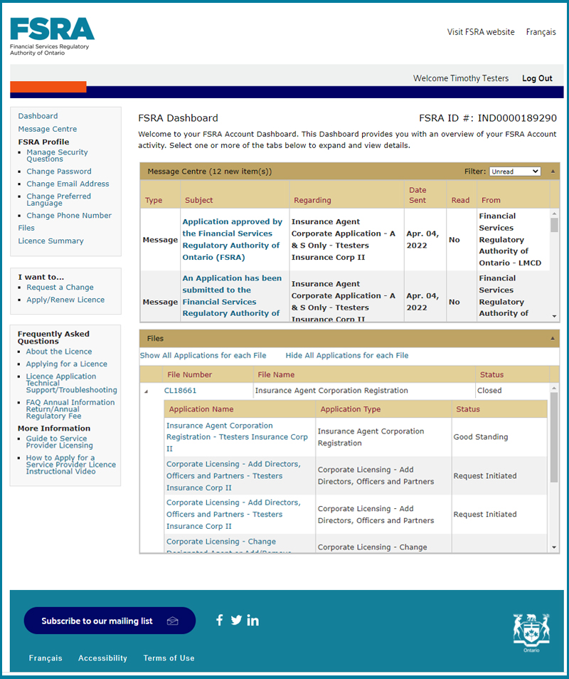 FSRA portal dashboard