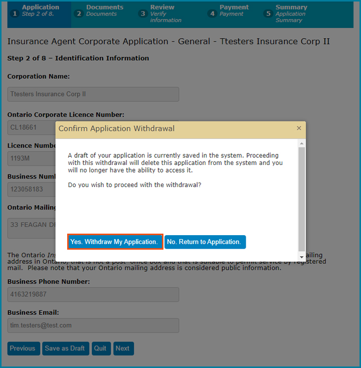 Confirm Application Withdrawal window