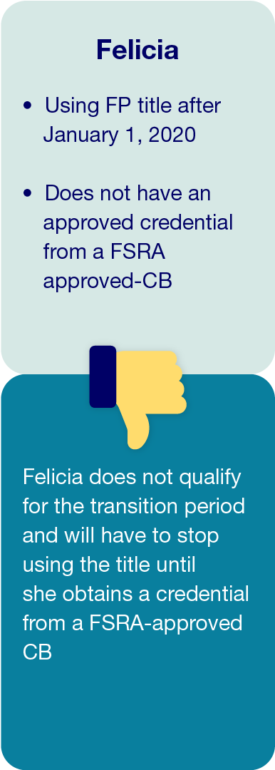 Felicia - following examples of Financial Planners and Financial Advisors to determine transition and/or title use eligibility