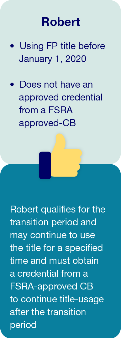 Robert - following examples of Financial Planners and Financial Advisors to determine transition and/or title use eligibility