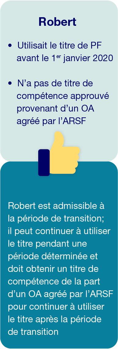 Robert - les exemples suivants de planificateurs financiers et de conseillers financiers pour déterminer l’admissibilité à la transition ou à l’utilisation du titre.