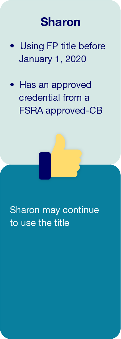 Sharon - following examples of Financial Planners and Financial Advisors to determine transition and/or title use eligibility Sharon - following examples of Financial Planners and Financial Advisors to determine transition and/or title use eligibility